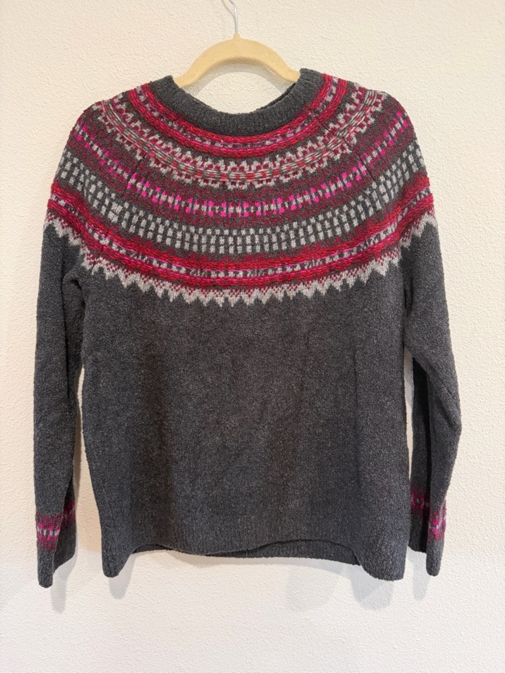 J. Jill Charcoal Fair Isle Yoke Sweater with Pink and Red Accents